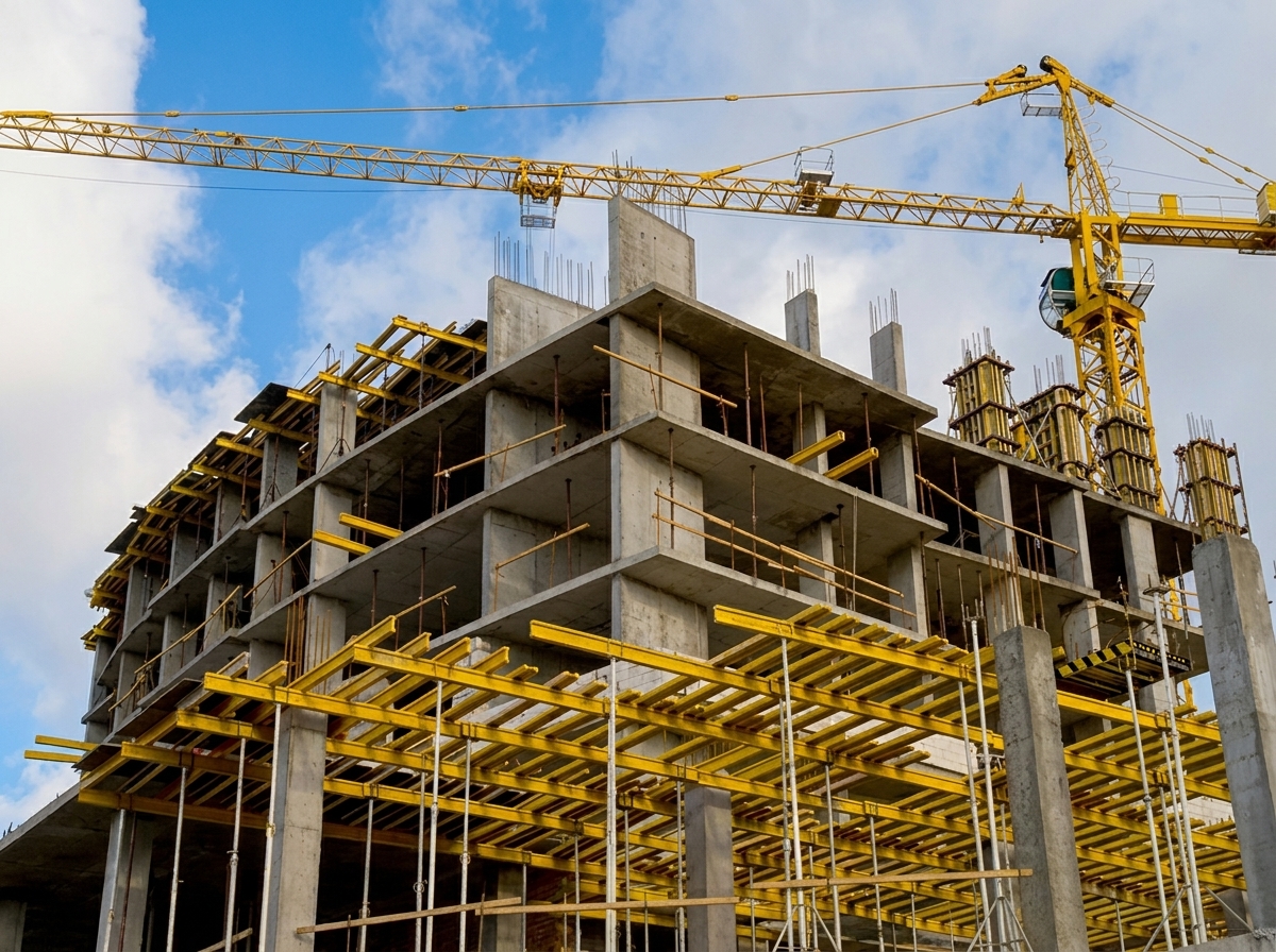 Structure en béton d’un bâtiment en construction avec grues